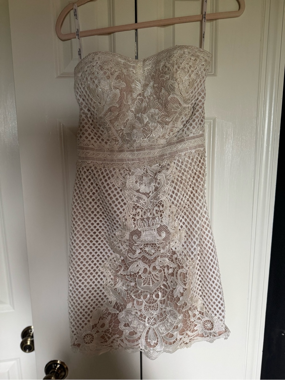 Mon Cheri Strapless Lace Cocktail Dress in Nude and Ivory